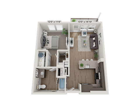 Floor plan for 1 bed, 1 bath, 676 sqft